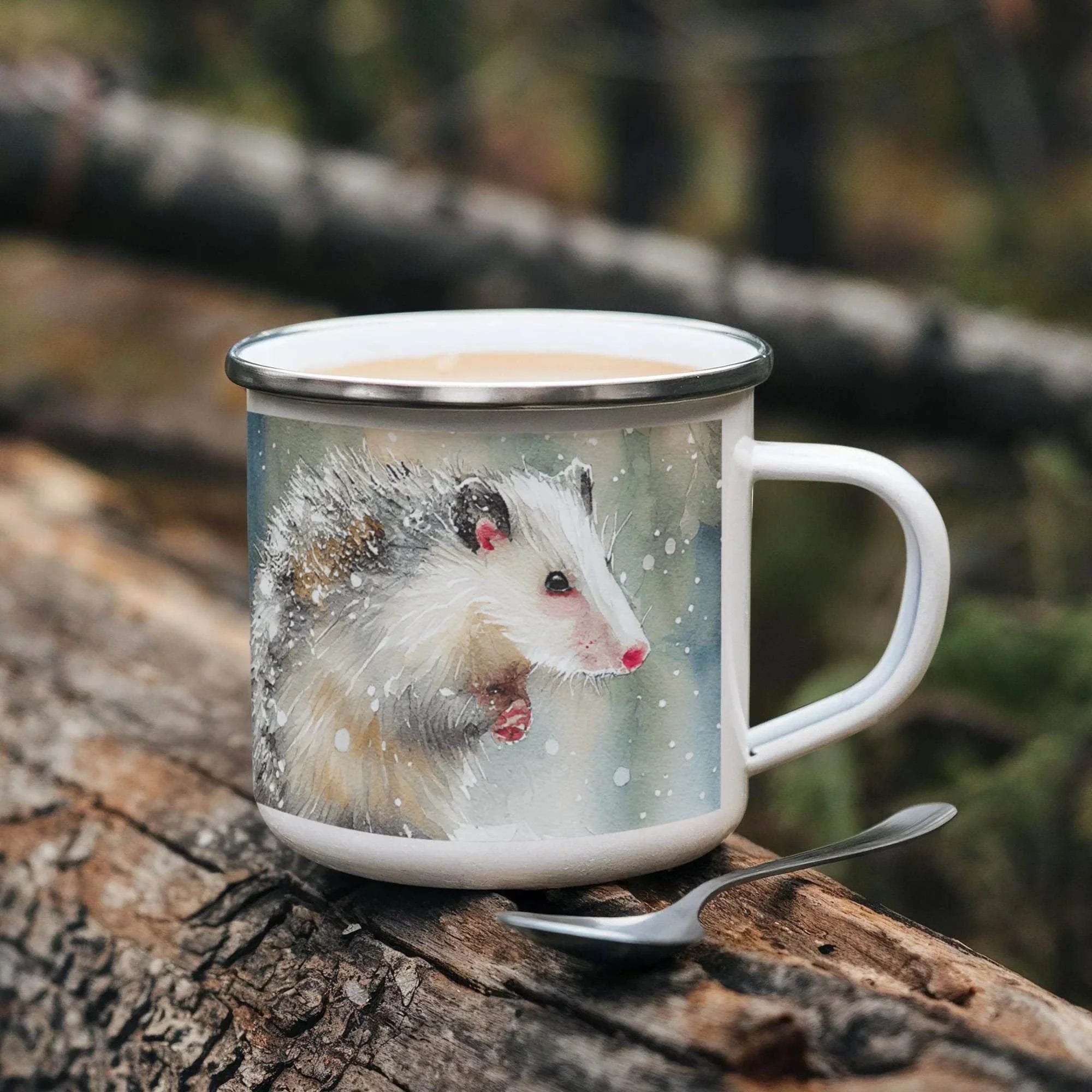 Opossum Camper Mug – 12oz Stainless Stee Mug with Enamel Coating Watercolor Possum Winter Design Camping Mug