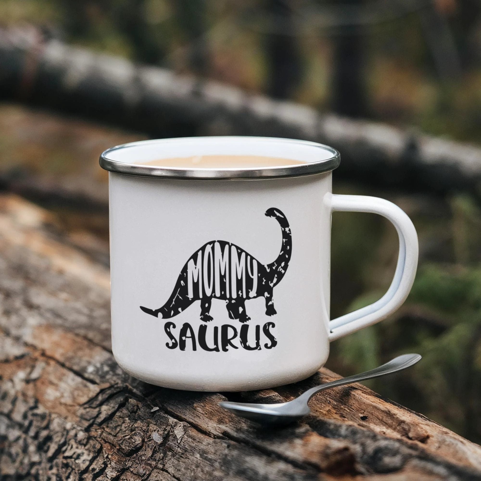 Mommy Saurus Camping Mug – Funny Dinosaur Gift for Mom – Enamel-Coated Stainless Steel Travel Cup