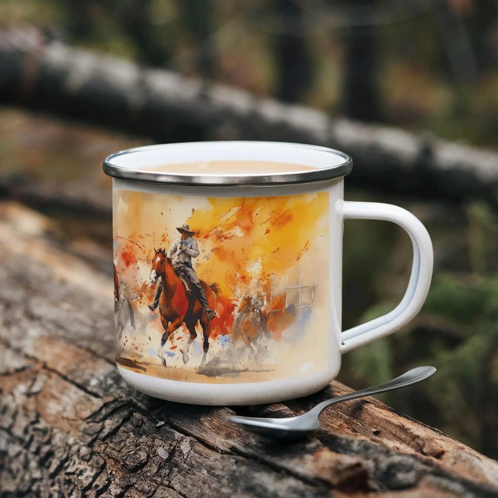 Texas Rodeo Cowboy Enamel Camping Mug – 12oz – Rustic Western Coffee Cup for Outdoor Adventures & Lone Star State Lovers