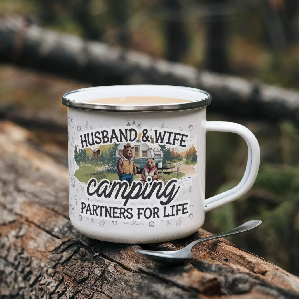 Husband & Wife Camping Partners for Life Enamel Mug – Cute Bear Couple RV Camper Gift for Couples, Campers & Outdoor Adventures