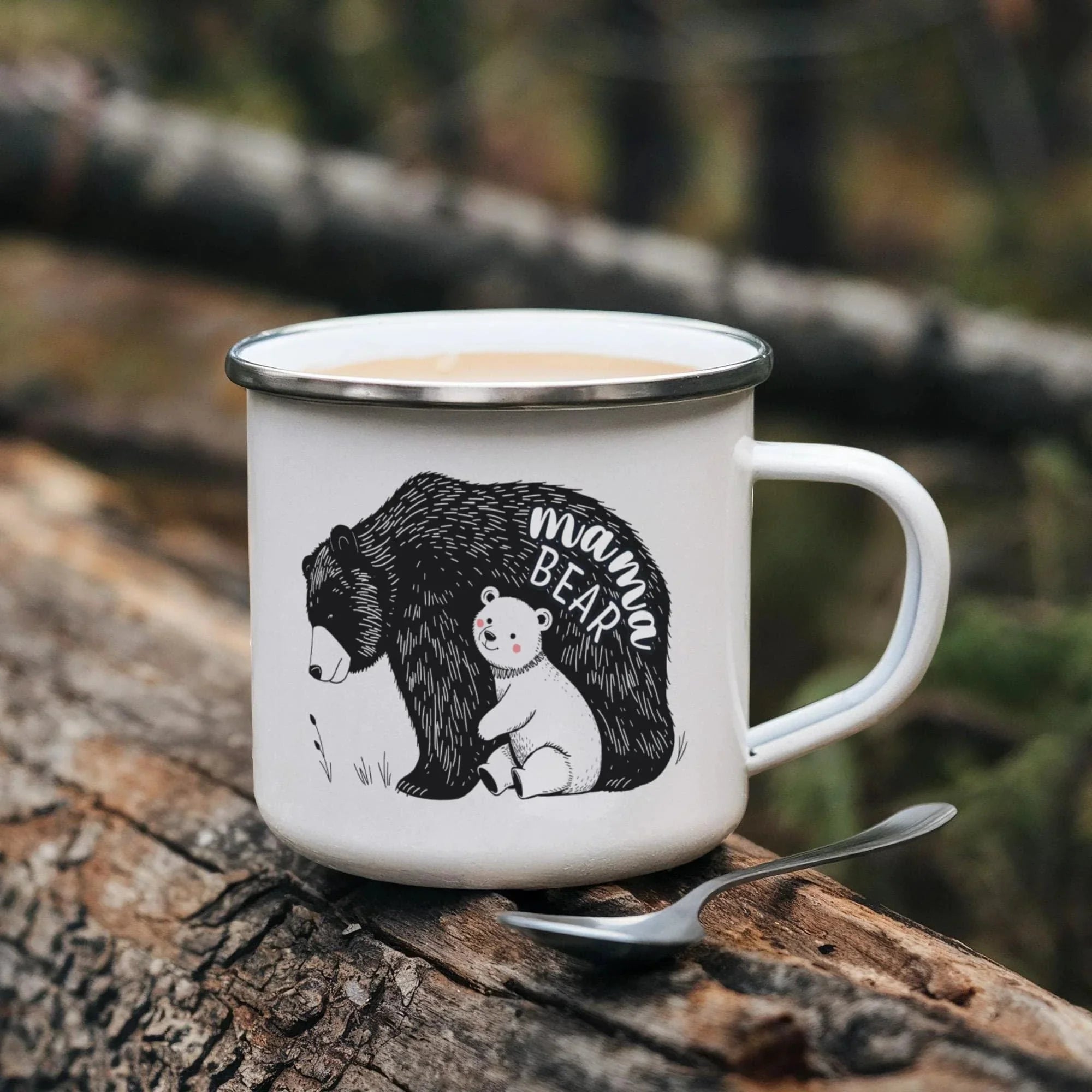 Mama Bear Enamel Camping Mug – Cute Bear & Cub Outdoor Coffee Cup for Moms, Mother's Day, Hiking, Camping & Adventure Gifts
