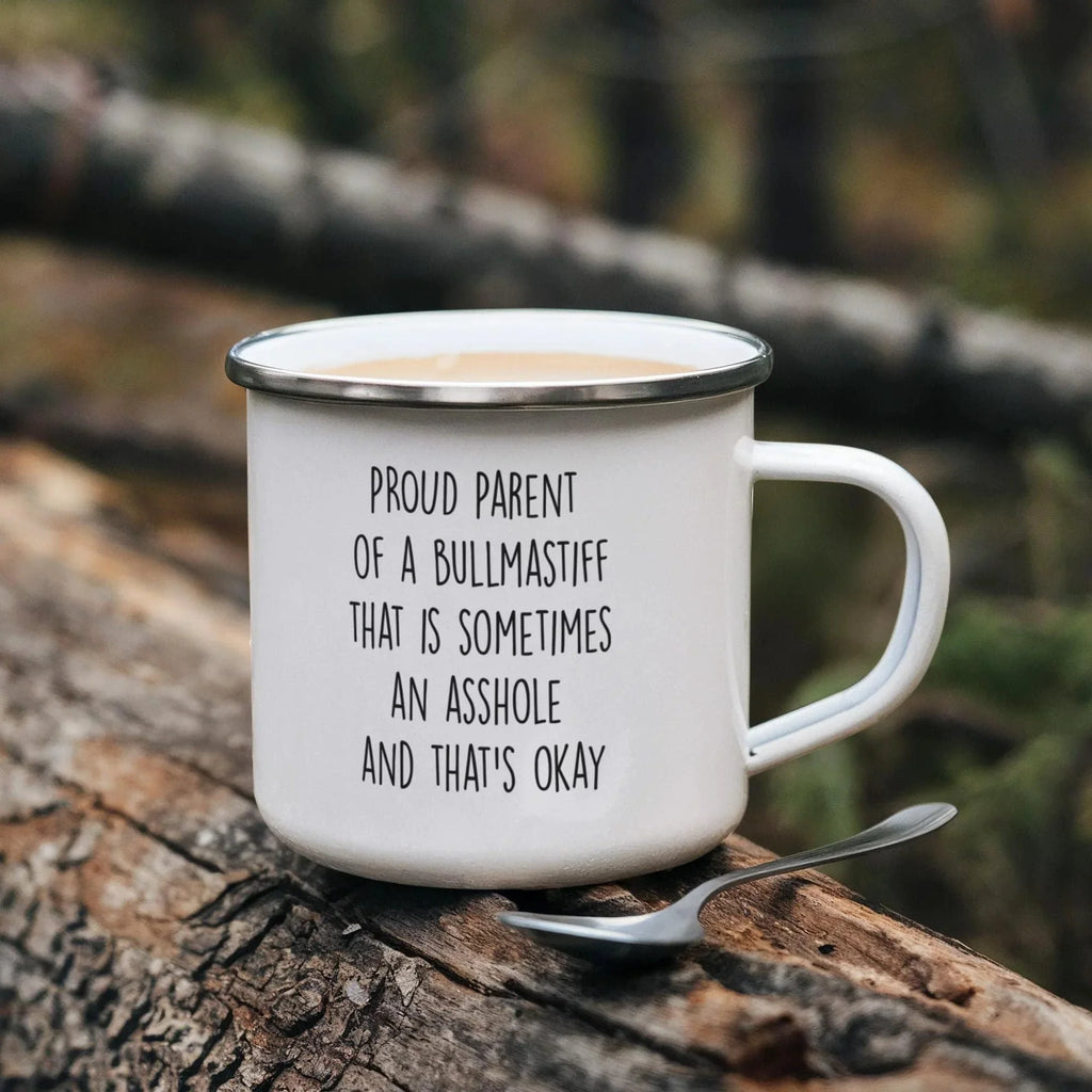 Funny Bullmastiff Parent Camping Mug – Proud Dog Owner Gift for Hikers, Campers, and Pet Lovers – 12oz Stainless Steel Enamel Travel Cup