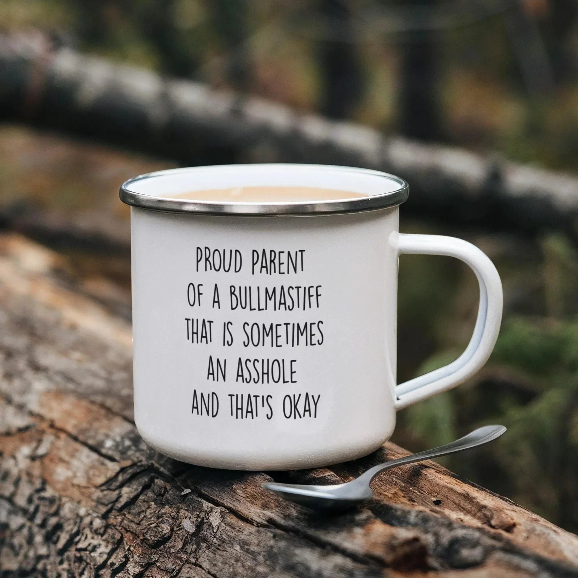 Funny Bullmastiff Parent Camping Mug – Proud Dog Owner Gift for Hikers, Campers, and Pet Lovers – 12oz Stainless Steel Enamel Travel Cup