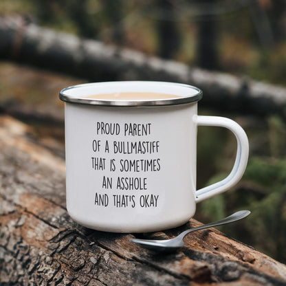 Funny Bullmastiff Parent Camping Mug – Proud Dog Owner Gift for Hikers, Campers, and Pet Lovers – 12oz Stainless Steel Enamel Travel Cup - Mallard Moon Gift Shop