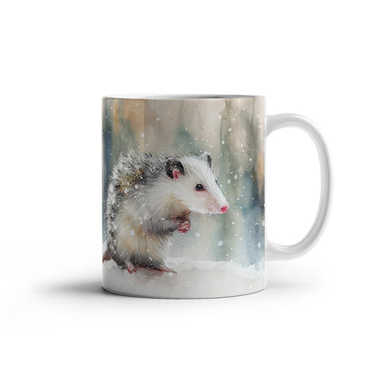 Opossum Coffee Mug – White Ceramic Mug with Possum Winter Watercolor Design | 11oz & 15oz Sizes - Mallard Moon Gift Shop