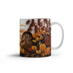 Happy Thanksgiving Coffee Mug – Festive Autumn Pumpkins & Fall Leaves Design – Available in 11oz & 15oz Ceramic