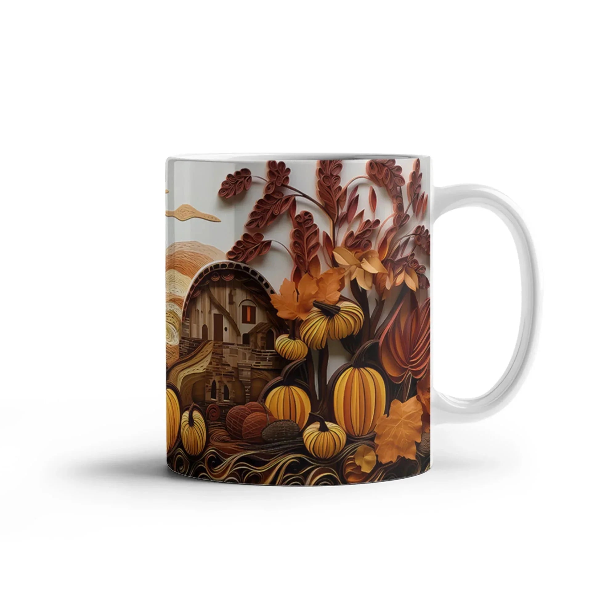 Happy Thanksgiving Coffee Mug – Festive Autumn Pumpkins & Fall Leaves Design – Available in 11oz & 15oz Ceramic