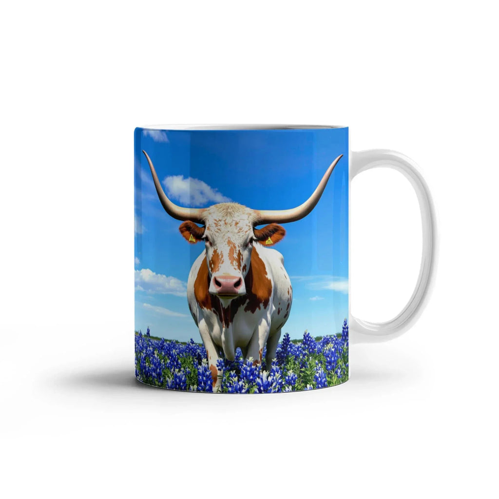 Texas Longhorn in Bluebonnet Field Ceramic Mug – 11oz & 15oz Coffee Cup - Western, Ranch, and Texan Pride