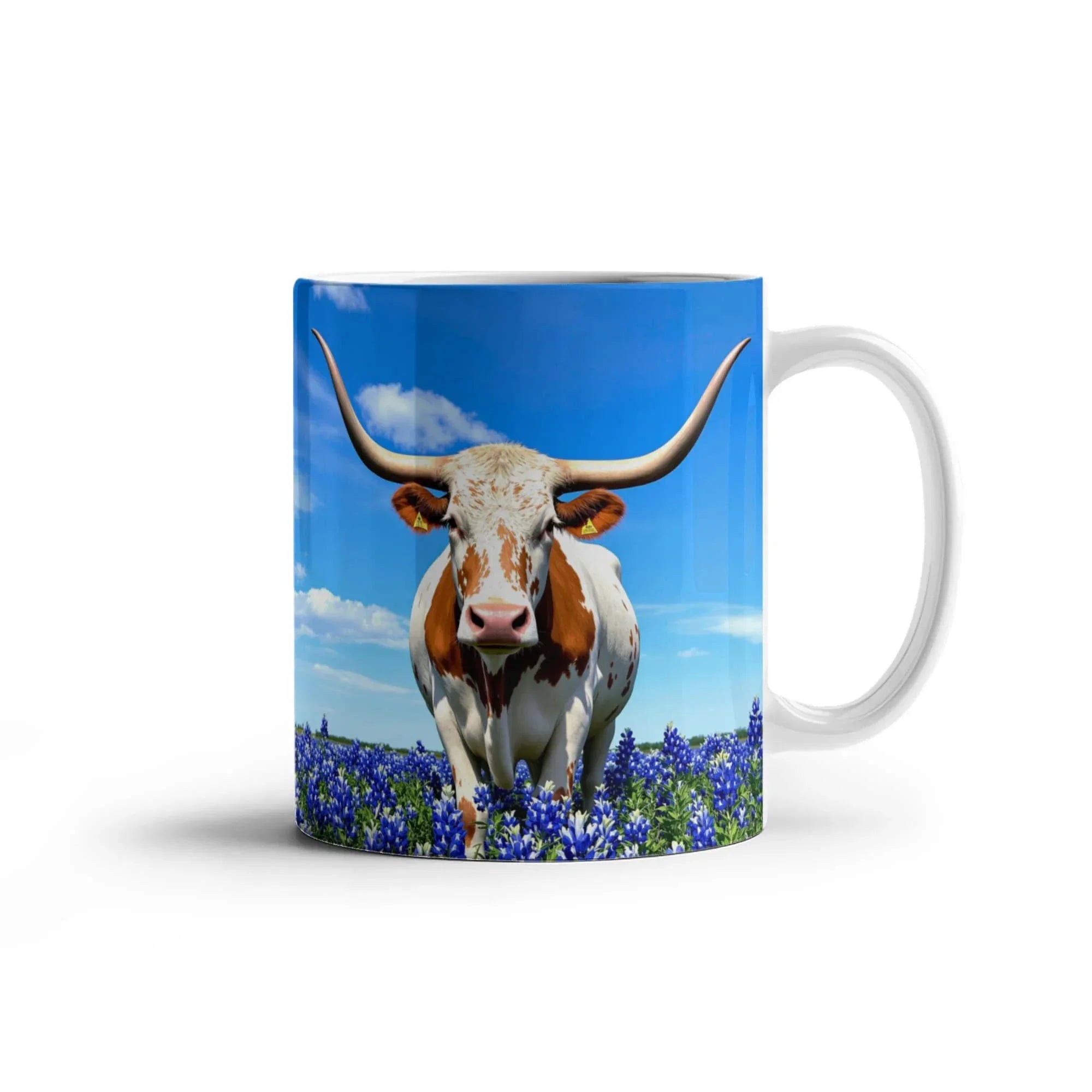 Texas Longhorn in Bluebonnet Field Ceramic Mug – 11oz & 15oz Coffee Cup - Western, Ranch, and Texan Pride