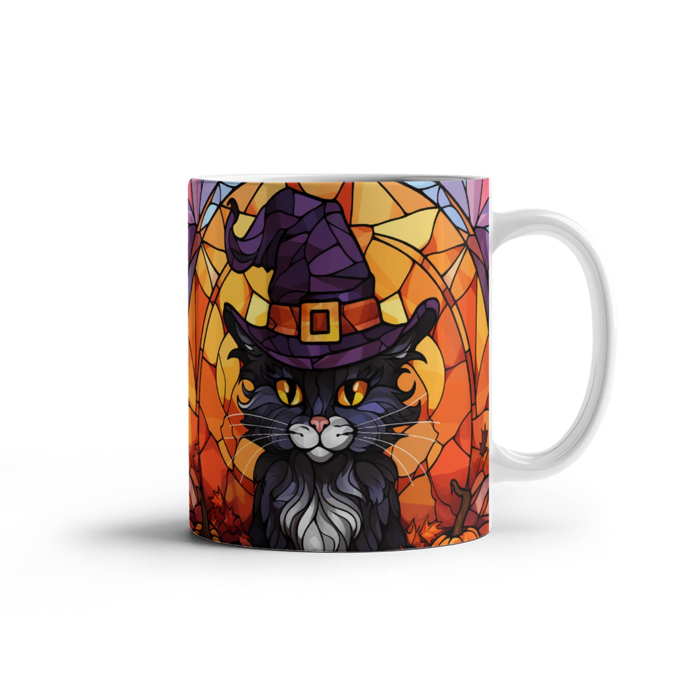 Halloween Black Cat Witch Stained Glass Mug – Spooky Fall Coffee Cup for Cat Lovers | Mallard Moon Gift Shop - Mallard Moon