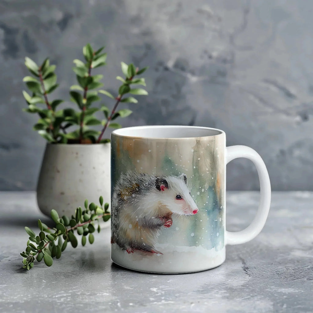 Opossum Coffee Mug – White Ceramic Mug with Possum Winter Watercolor Design | 11oz & 15oz Sizes