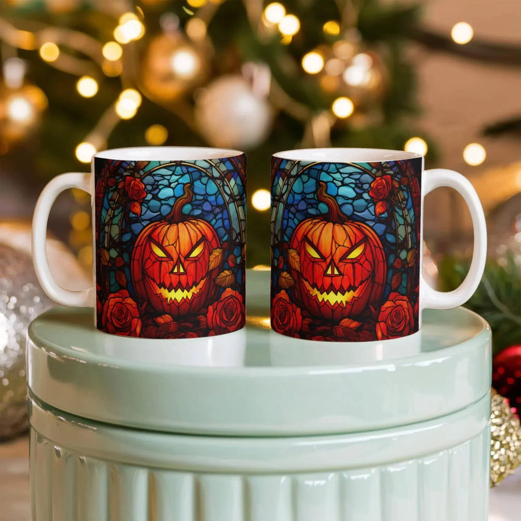 Stained Glass Pumpkin Halloween Mug – Vibrant Jack-O'-Lantern Coffee Cup | Fall Drinkware