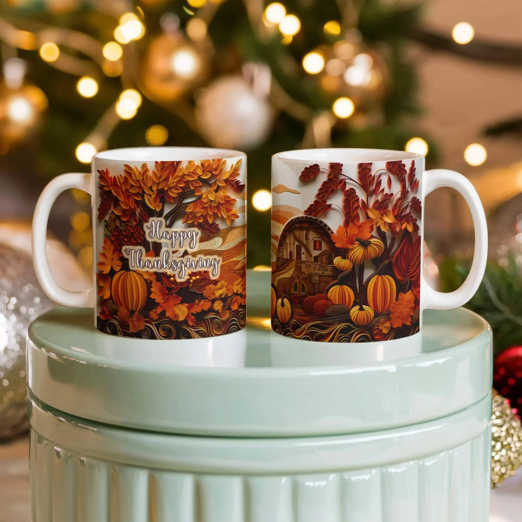 Happy Thanksgiving Coffee Mug – Festive Autumn Pumpkins & Fall Leaves Design – Available in 11oz & 15oz Ceramic