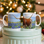 Texas Longhorn in Bluebonnets Ceramic Mug – 11oz & 15oz Coffee Cup for Western & Texas Pride Lovers