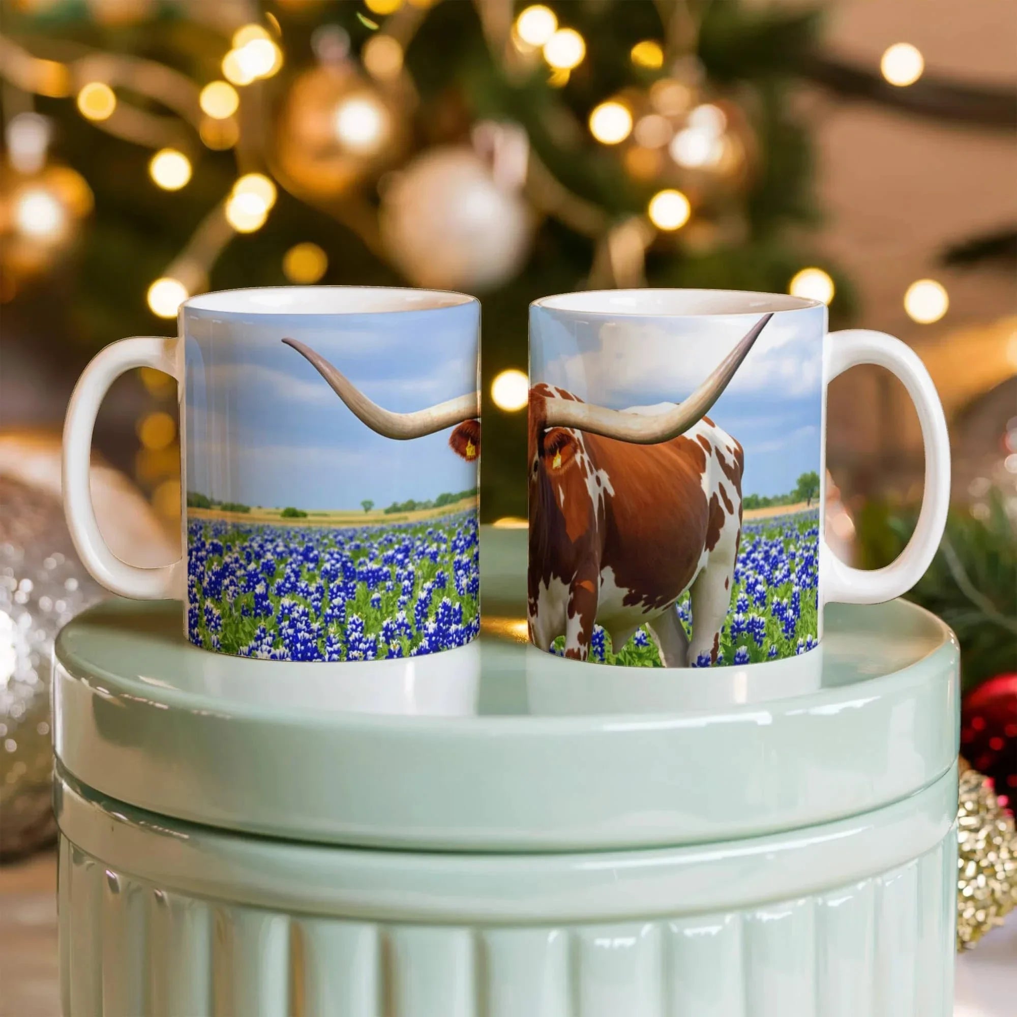 Texas Longhorn in Bluebonnets Ceramic Mug – 11oz & 15oz Coffee Cup for Western & Texas Pride Lovers