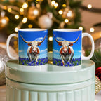 Texas Longhorn in Bluebonnet Field Ceramic Mug – 11oz & 15oz Coffee Cup - Western, Ranch, and Texan Pride