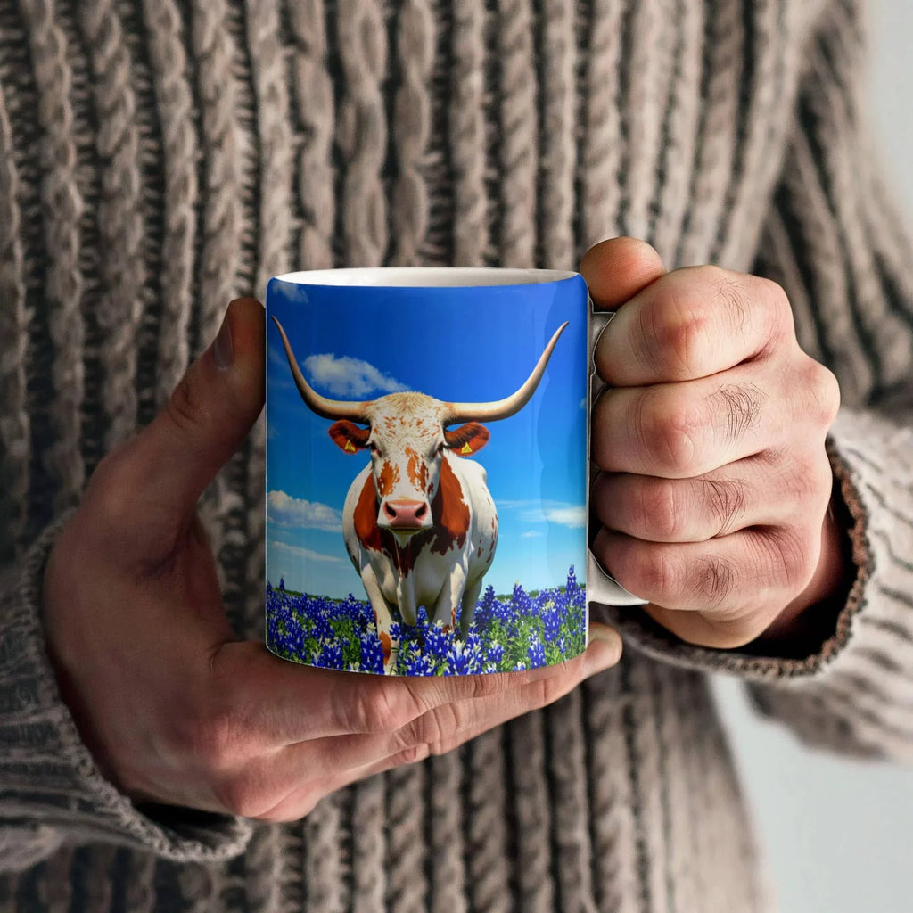 Texas Longhorn in Bluebonnet Field Ceramic Mug – 11oz & 15oz Coffee Cup - Western, Ranch, and Texan Pride
