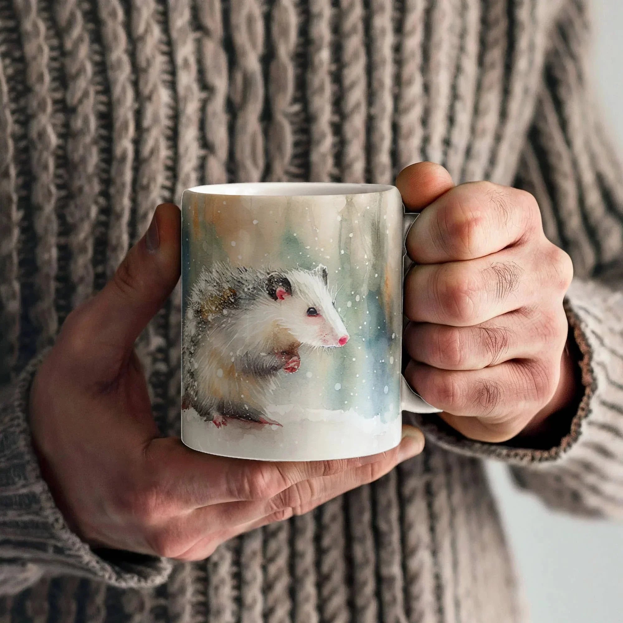 Opossum Coffee Mug – White Ceramic Mug with Possum Winter Watercolor Design | 11oz & 15oz Sizes