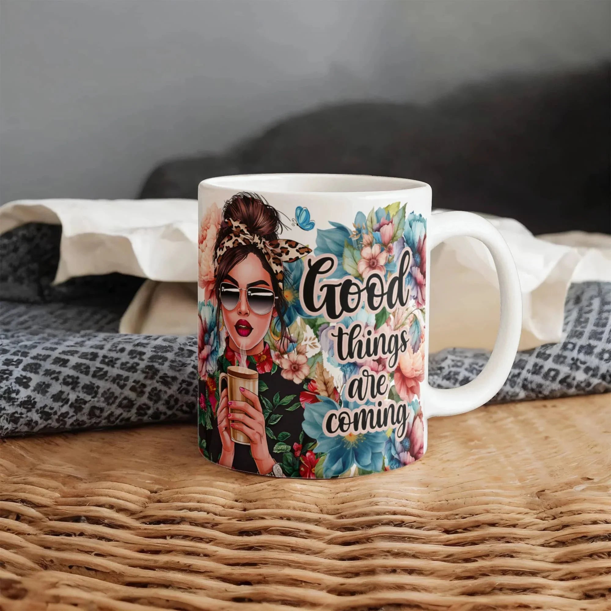 Good Things Are Coming Coffee Mug – Motivational Floral Mug with Stylish Woman, Positive Quote Gift for Women, Friends, Coworkers & Coffee Lovers