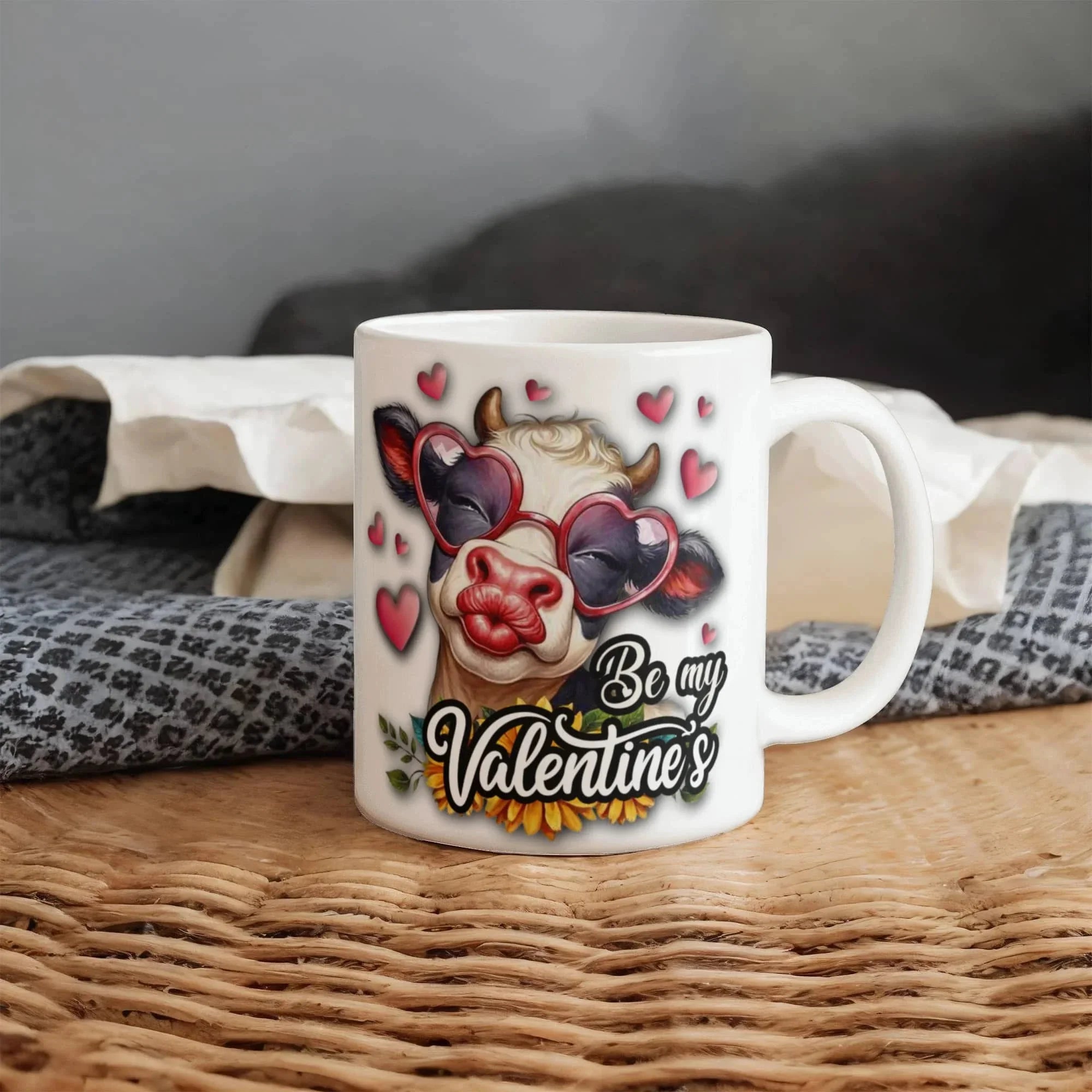 Be My Valentine's Cow Mug – Cute Cow with Heart Glasses Coffee Cup, Funny Farm Lover Valentine Gift for Her, Wife, Girlfriend & Cow Lovers
