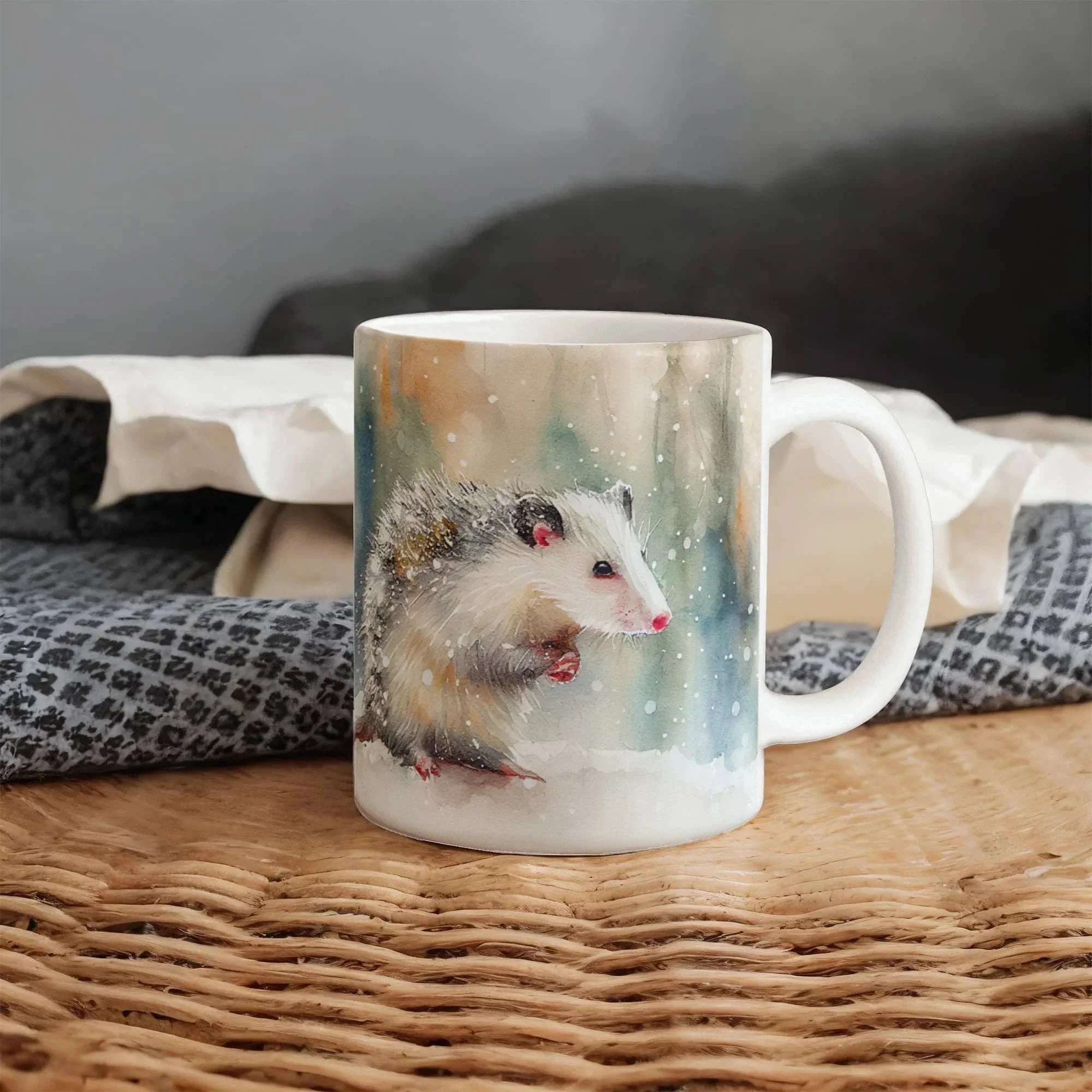 Opossum Coffee Mug – White Ceramic Mug with Possum Winter Watercolor Design | 11oz & 15oz Sizes