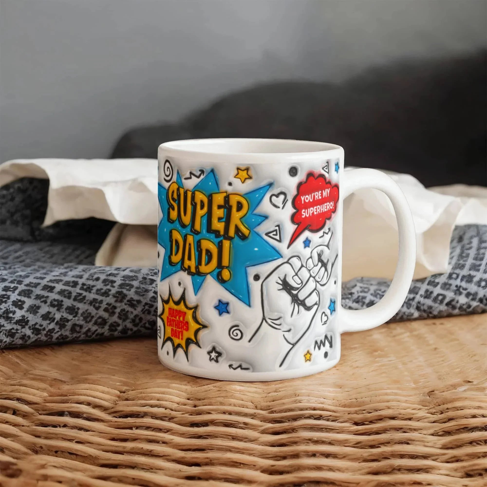 Super Dad Mug – Comic Book Style Father's Day Gift for the Hero of Your Life (11 oz or 15 oz Ceramic Coffee Cup)