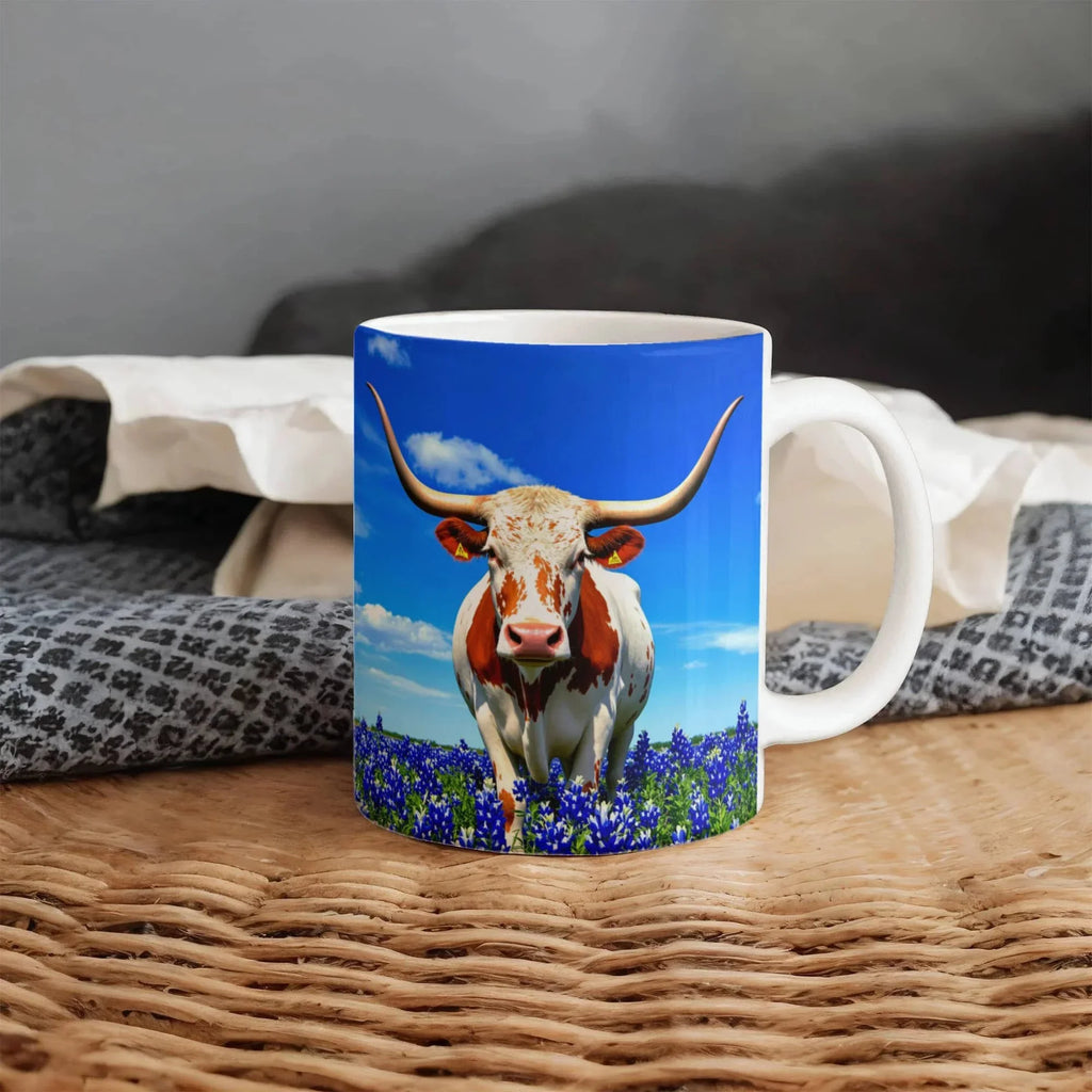 Texas Longhorn in Bluebonnet Field Ceramic Mug – 11oz & 15oz Coffee Cup - Western, Ranch, and Texan Pride