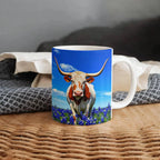 Texas Longhorn in Bluebonnet Field Ceramic Mug – 11oz & 15oz Coffee Cup - Western, Ranch, and Texan Pride