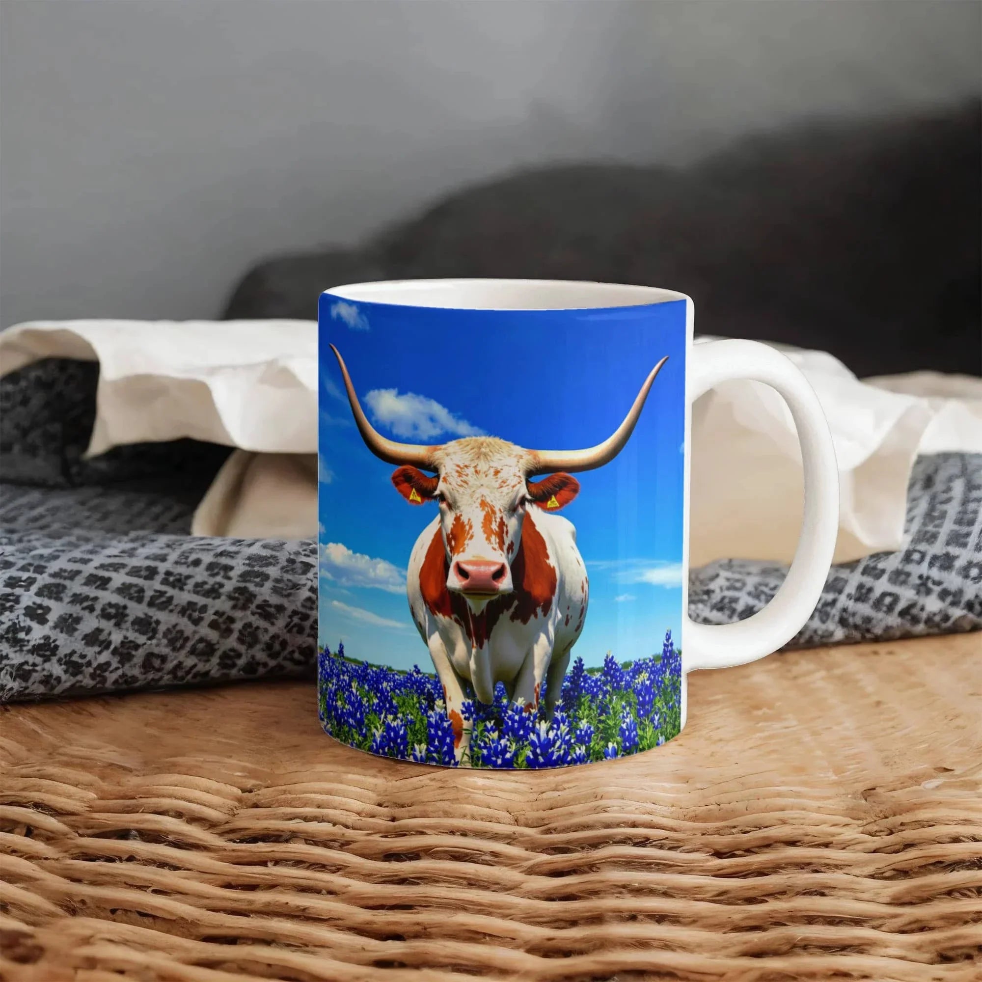 Texas Longhorn in Bluebonnet Field Ceramic Mug – 11oz & 15oz Coffee Cup - Western, Ranch, and Texan Pride