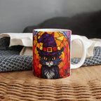 Halloween Black Cat Witch Stained Glass Mug – Spooky Fall Coffee Cup for Cat Lovers | Mallard Moon Gift Shop
