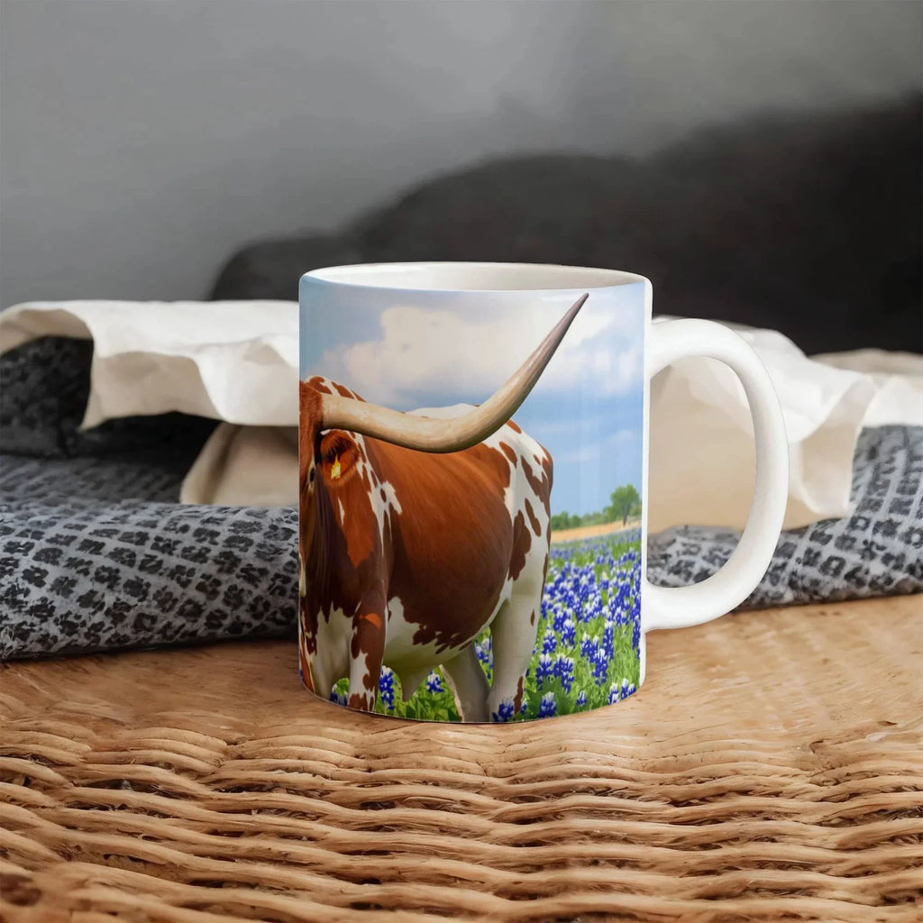 Texas Longhorn in Bluebonnets Ceramic Mug – 11oz & 15oz Coffee Cup for Western & Texas Pride Lovers