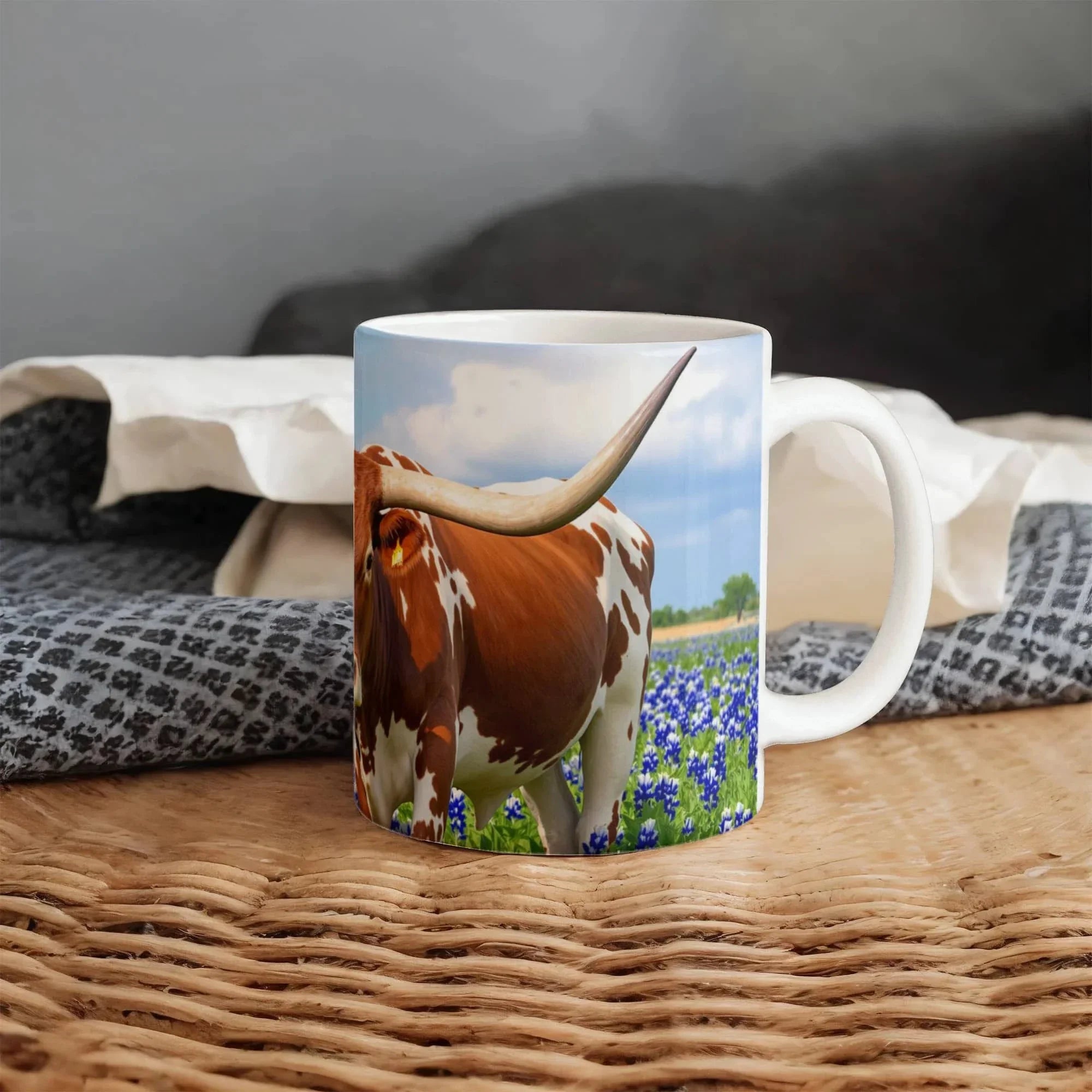 Texas Longhorn in Bluebonnets Ceramic Mug – 11oz & 15oz Coffee Cup for Western & Texas Pride Lovers