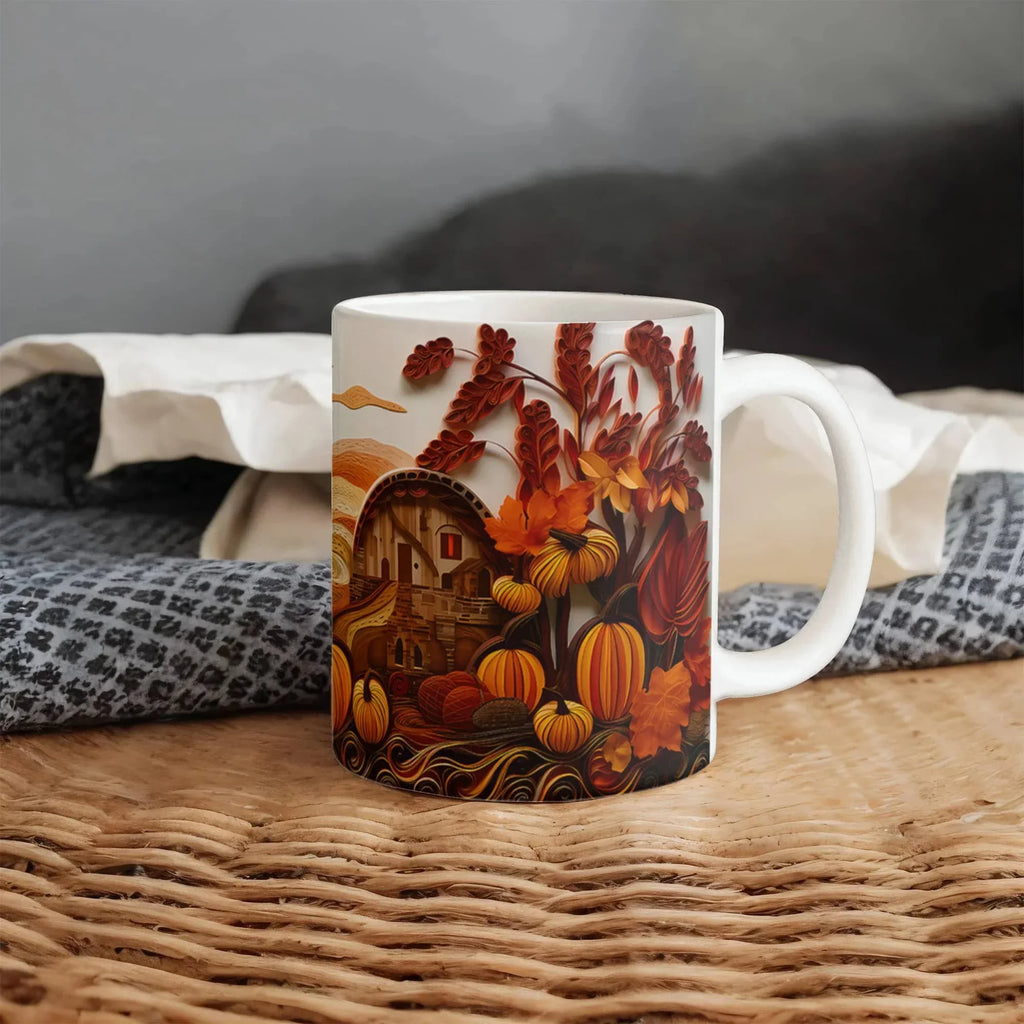 Happy Thanksgiving Coffee Mug – Festive Autumn Pumpkins & Fall Leaves Design – Available in 11oz & 15oz Ceramic