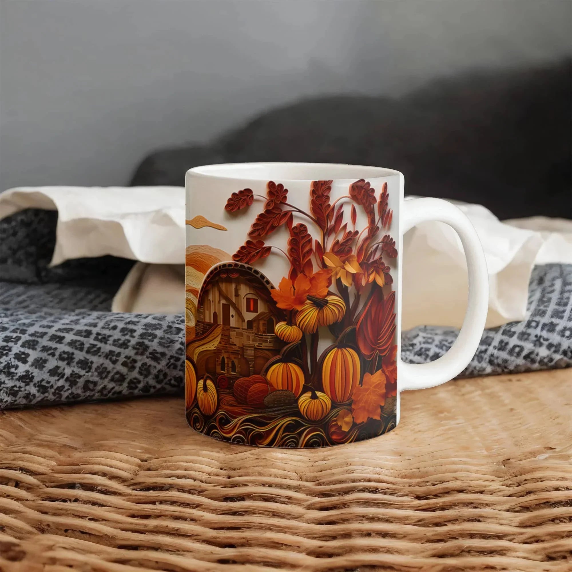 Happy Thanksgiving Coffee Mug – Festive Autumn Pumpkins & Fall Leaves Design – Available in 11oz & 15oz Ceramic