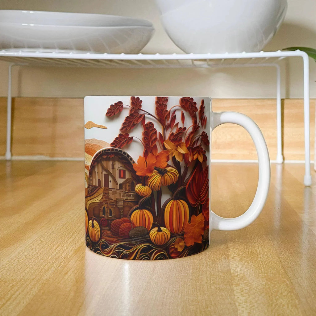 Happy Thanksgiving Coffee Mug – Festive Autumn Pumpkins & Fall Leaves Design – Available in 11oz & 15oz Ceramic
