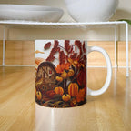 Happy Thanksgiving Coffee Mug – Festive Autumn Pumpkins & Fall Leaves Design – Available in 11oz & 15oz Ceramic