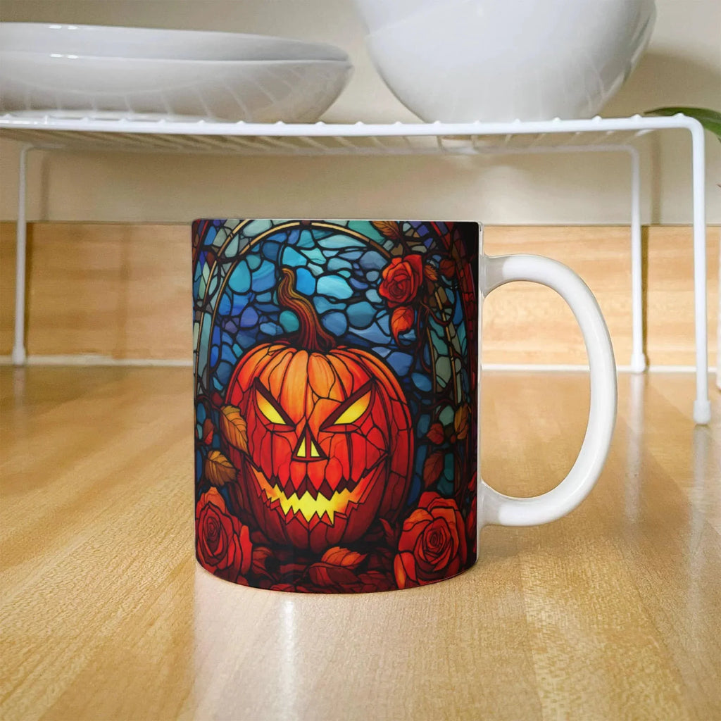 Stained Glass Pumpkin Halloween Mug – Vibrant Jack-O'-Lantern Coffee Cup | Fall Drinkware
