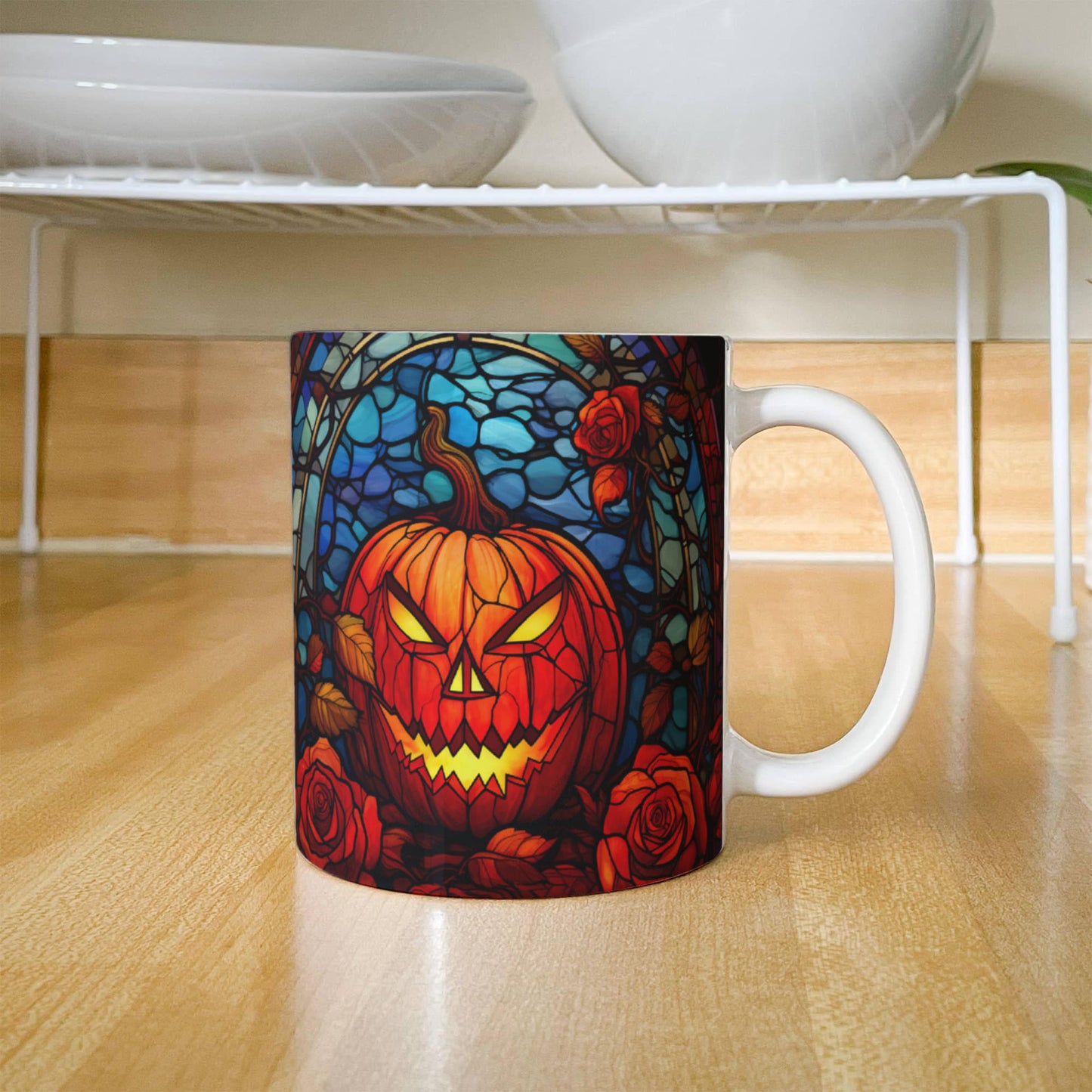 Stained Glass Pumpkin Halloween Mug – Vibrant Jack-O'-Lantern Coffee Cup | Fall Drinkware - Mallard Moon