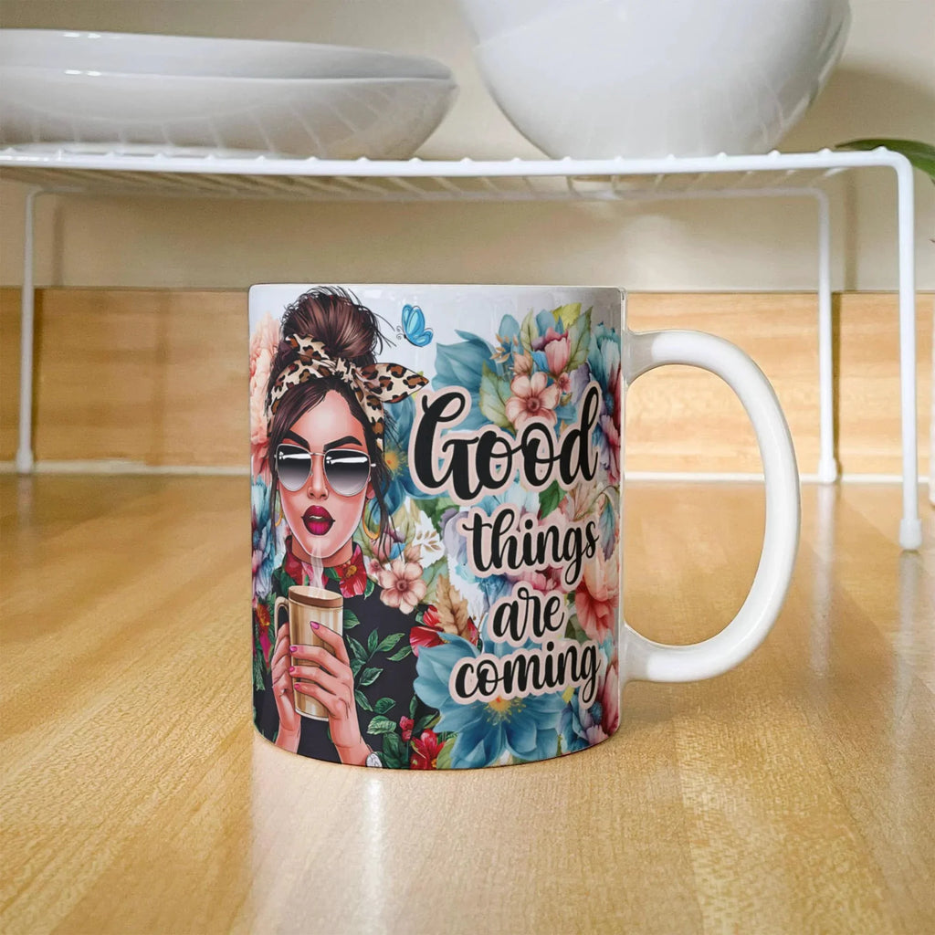 Good Things Are Coming Coffee Mug – Motivational Floral Mug with Stylish Woman, Positive Quote Gift for Women, Friends, Coworkers & Coffee Lovers