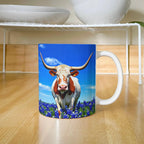 Texas Longhorn in Bluebonnet Field Ceramic Mug – 11oz & 15oz Coffee Cup - Western, Ranch, and Texan Pride