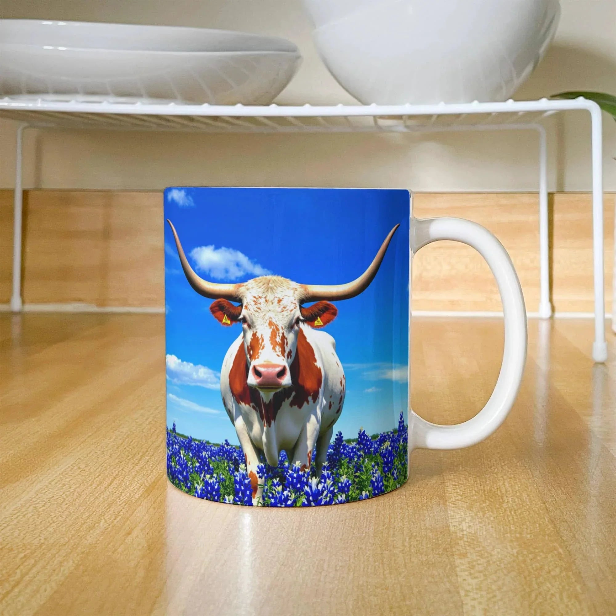 Texas Longhorn in Bluebonnet Field Ceramic Mug – 11oz & 15oz Coffee Cup - Western, Ranch, and Texan Pride