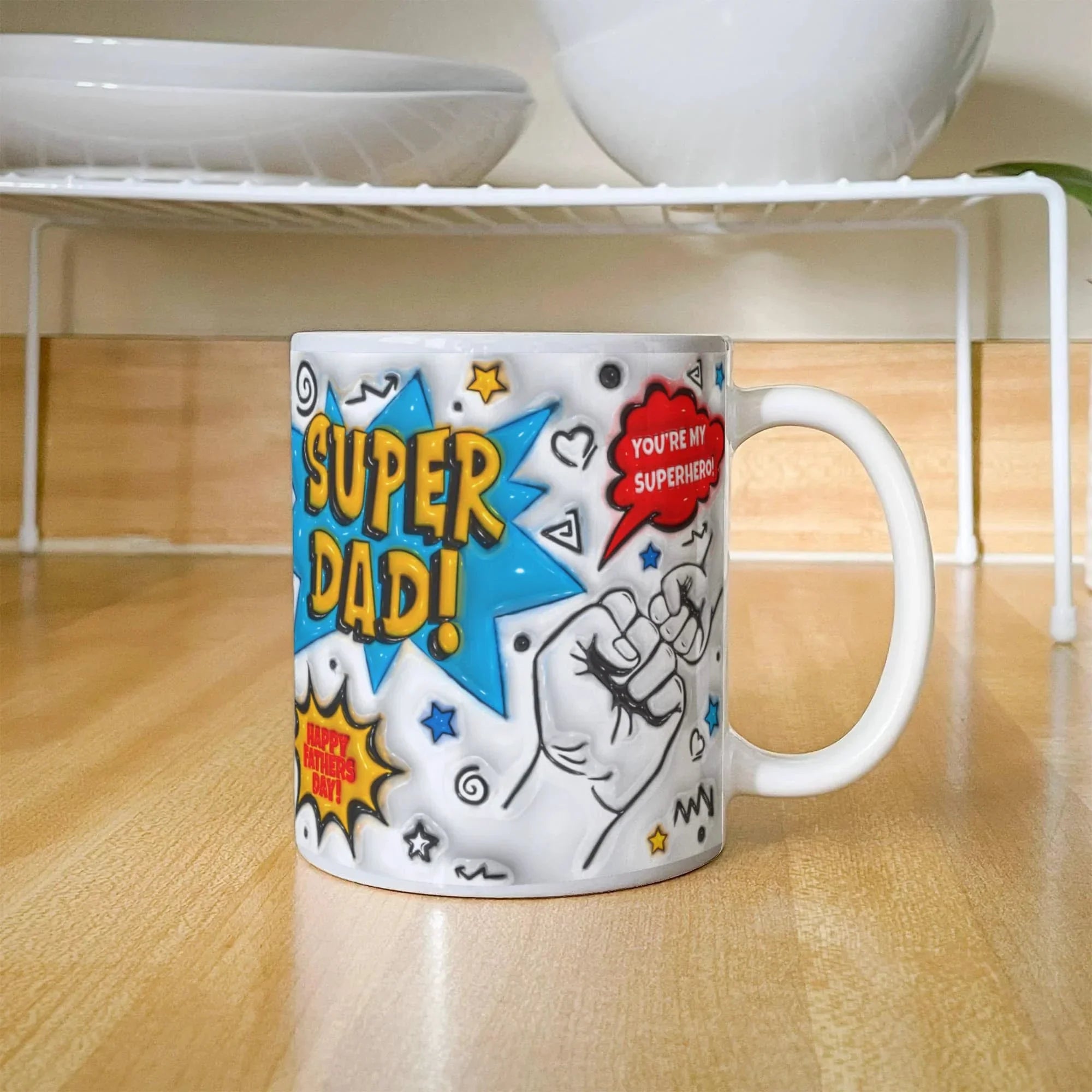 Super Dad Mug – Comic Book Style Father's Day Gift for the Hero of Your Life (11 oz or 15 oz Ceramic Coffee Cup)