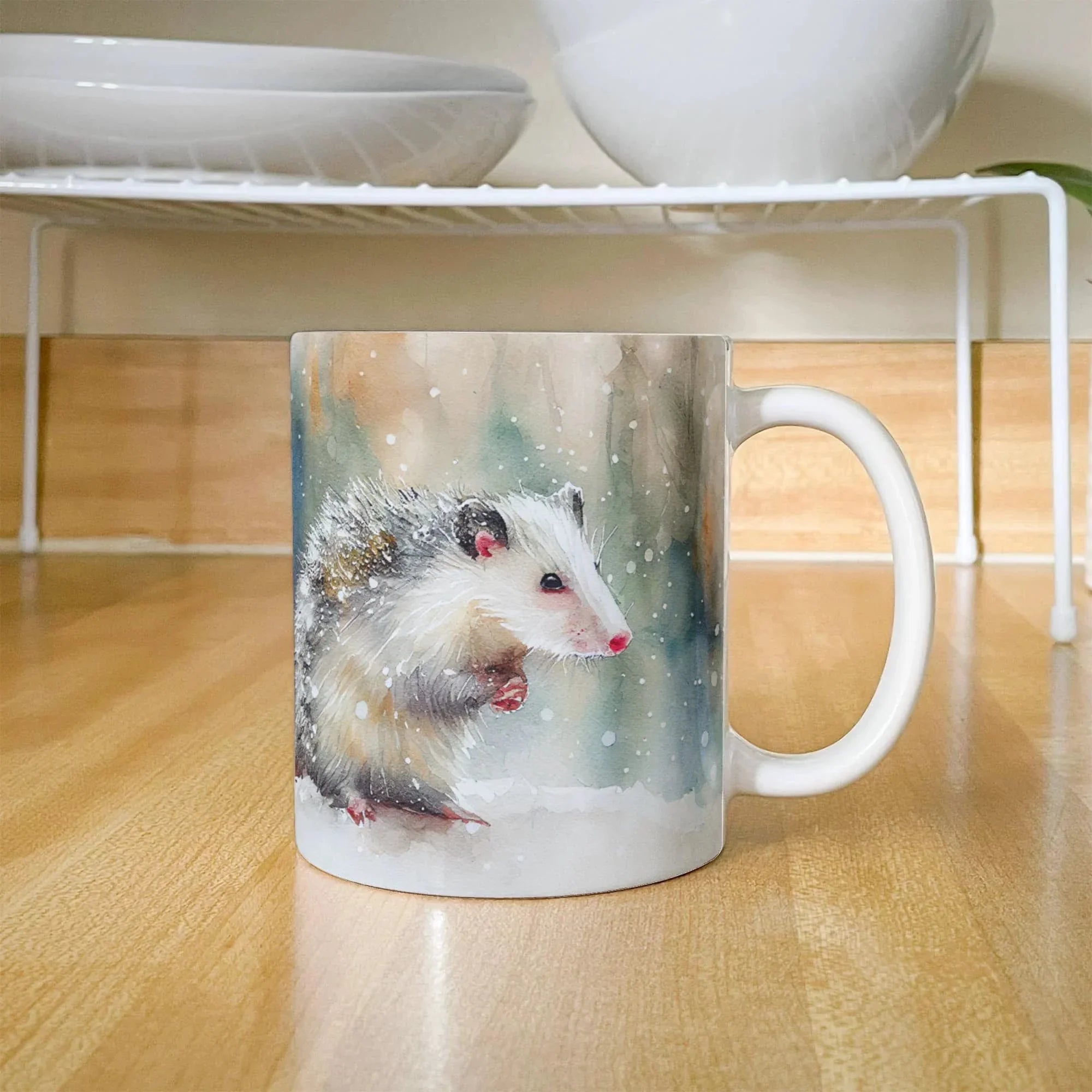 Opossum Coffee Mug – White Ceramic Mug with Possum Winter Watercolor Design | 11oz & 15oz Sizes