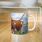 Texas Longhorn in Bluebonnets Ceramic Mug – 11oz & 15oz Coffee Cup for Western & Texas Pride Lovers
