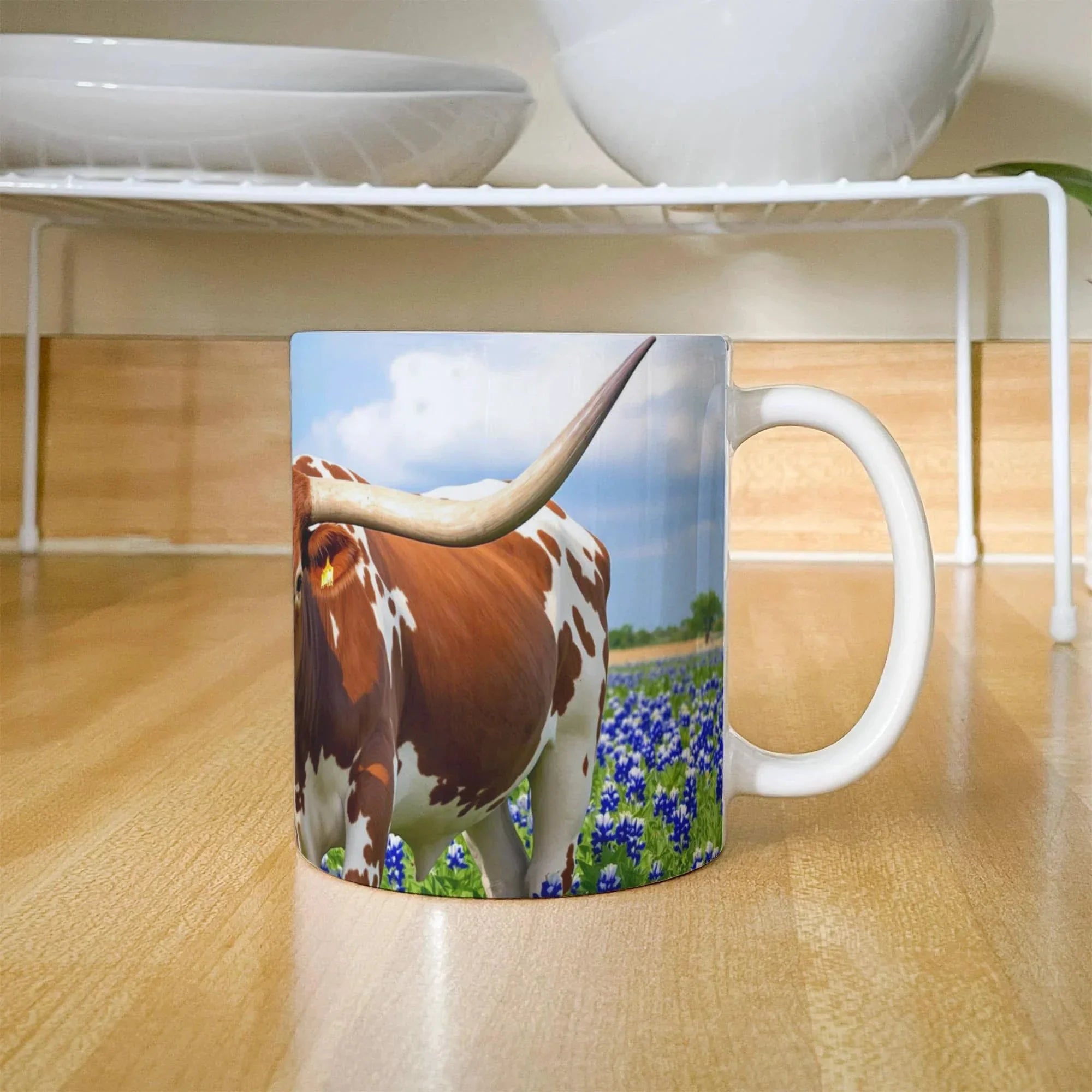 Texas Longhorn in Bluebonnets Ceramic Mug – 11oz & 15oz Coffee Cup for Western & Texas Pride Lovers
