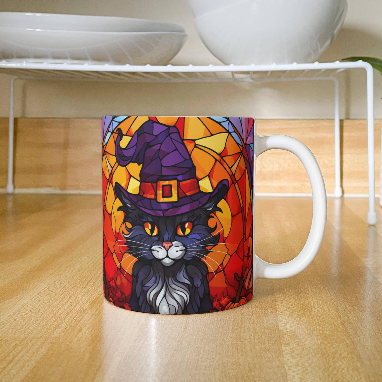 Halloween Black Cat Witch Stained Glass Mug – Spooky Fall Coffee Cup for Cat Lovers | Mallard Moon Gift Shop - Mallard Moon
