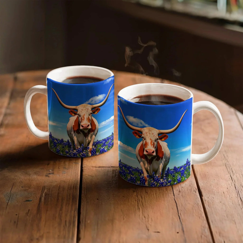 Texas Longhorn in Bluebonnet Field Ceramic Mug – 11oz & 15oz Coffee Cup - Western, Ranch, and Texan Pride