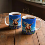 Texas Longhorn in Bluebonnet Field Ceramic Mug – 11oz & 15oz Coffee Cup - Western, Ranch, and Texan Pride