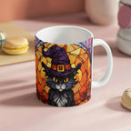 Halloween Black Cat Witch Stained Glass Mug – Spooky Fall Coffee Cup for Cat Lovers | Mallard Moon Gift Shop