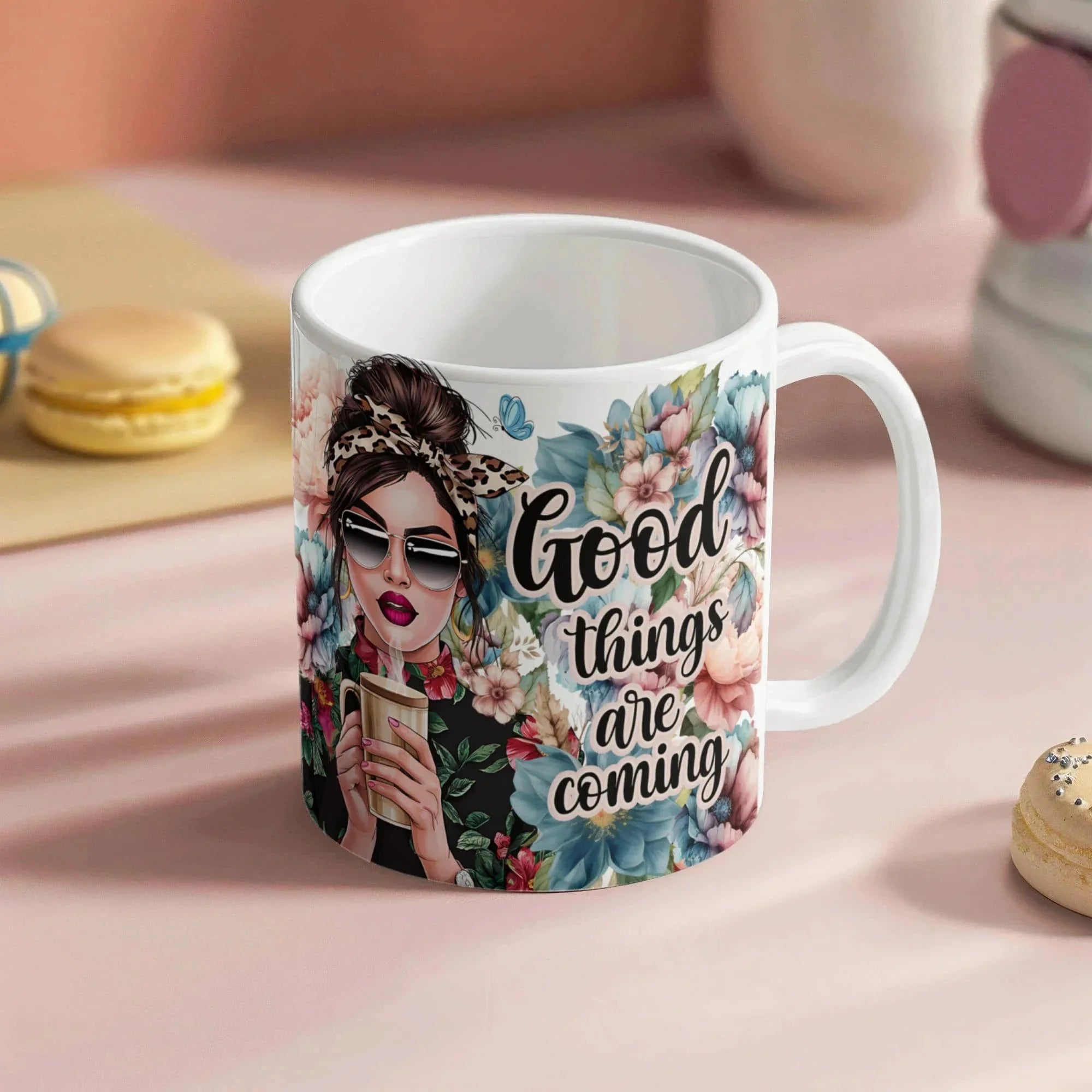 Good Things Are Coming Coffee Mug – Motivational Floral Mug with Stylish Woman, Positive Quote Gift for Women, Friends, Coworkers & Coffee Lovers